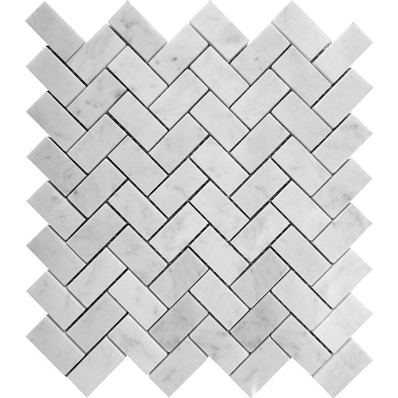 Marbella Carrara 1x2 Herringbone Polished Bianco Carrara Mosaic Tile - tilestate