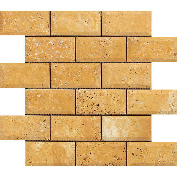 2x4 Honed Gold Travertine Deep-Beveled Brick Mosaic Tile - tilestate