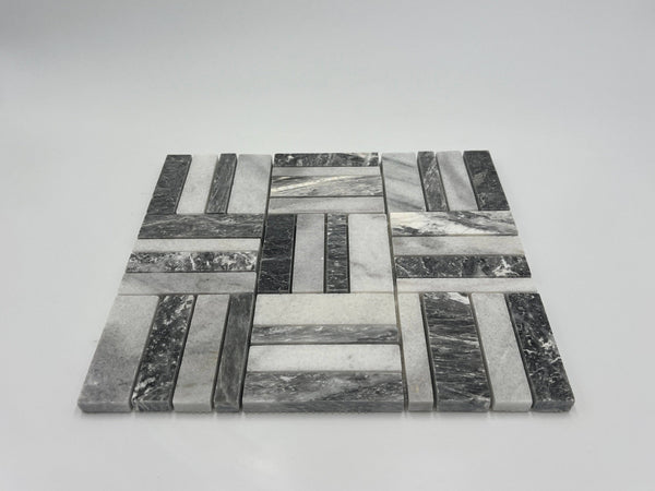 Bardiglio Grey Marble with Thassos White Tripe Stripe Mosaic Tile - tilestate