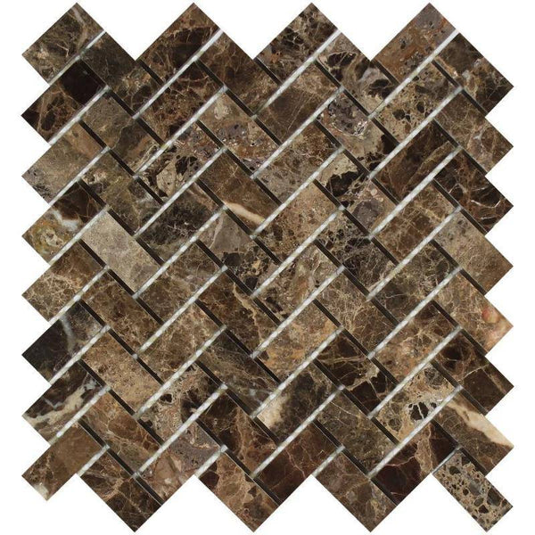 Emperador Dark Spanish Marble 1x2 Herringbone Polished Mosaic Tile - tilestate