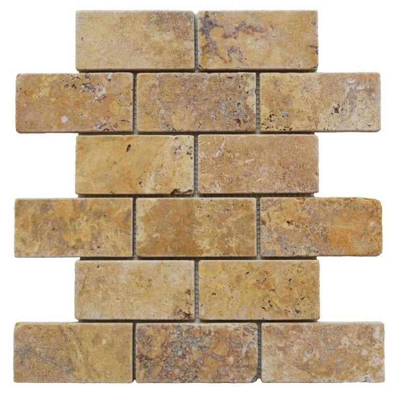 Gold Travertine 2x4 Tumbled Mosaic Tile - tilestate