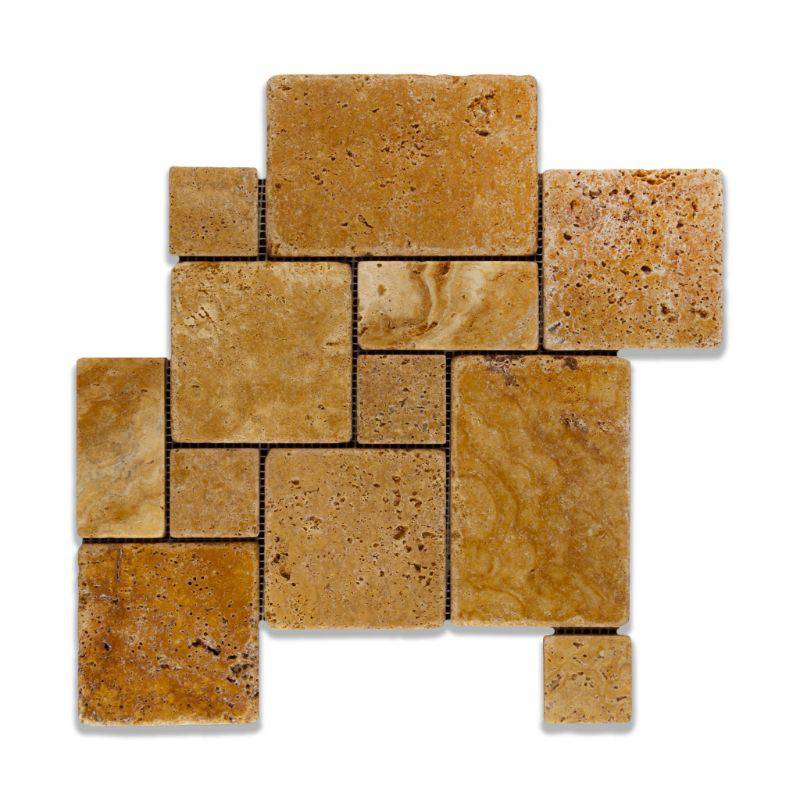 Gold Travertine Opus Mini Pattern Tumbled Mosaic Tile - tilestate