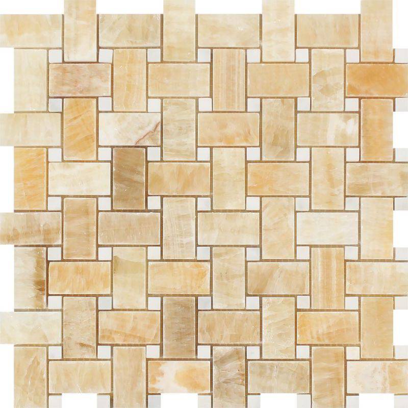 Honey Onyx Basketweave White Dots Polished Mosaic Tile - tilestate