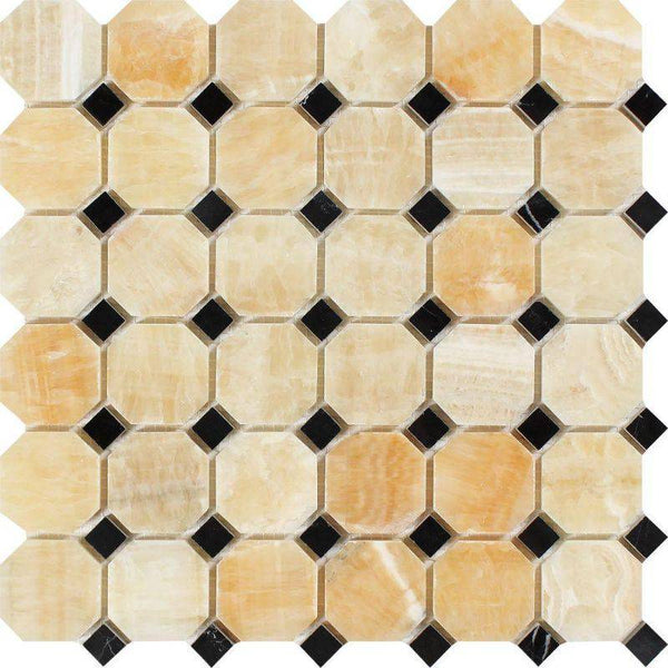 Honey Onyx Octagon with Black Dots Polished Mosaic Tile - tilestate