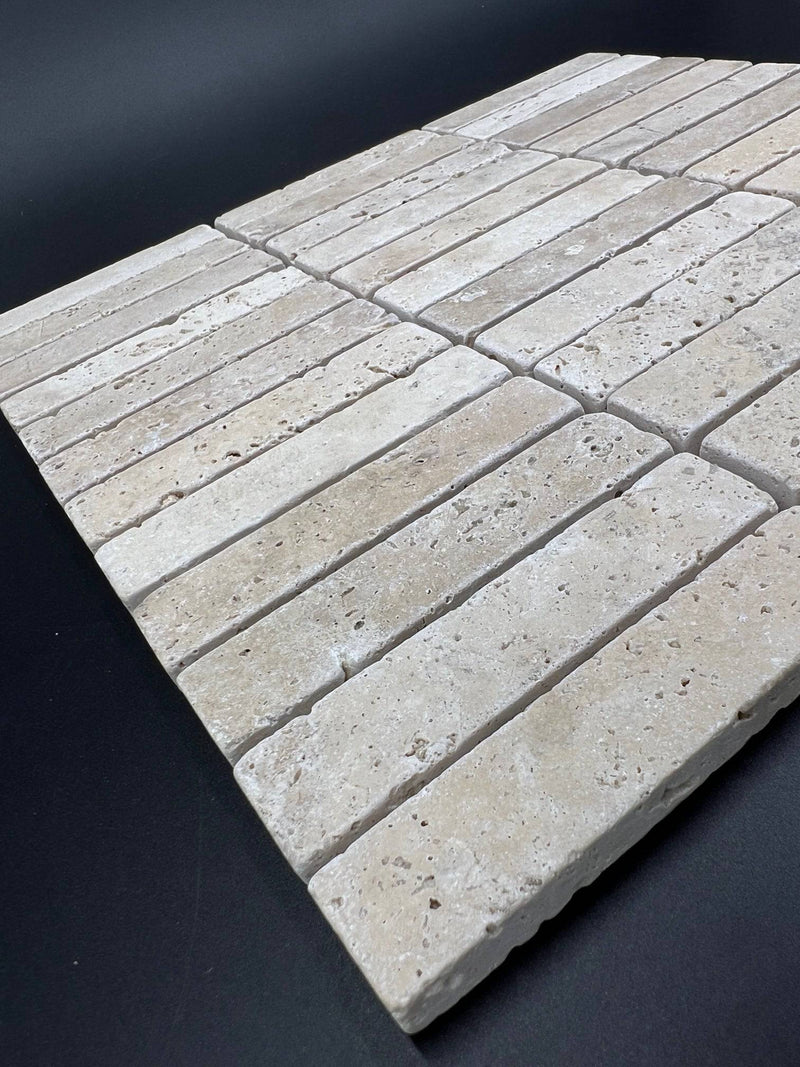 Ivory Travertine 1x4 Tumbled Brick Mosaic Tile - tilestate