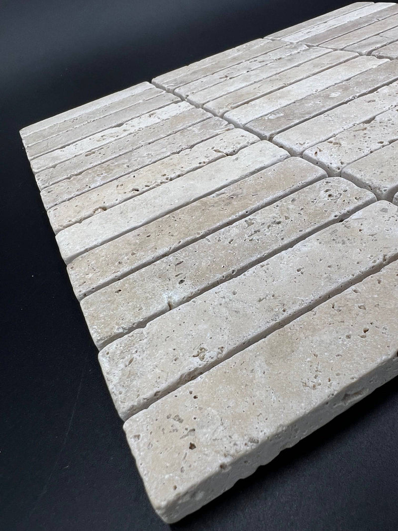 Ivory Travertine 1x4 Tumbled Brick Mosaic Tile - tilestate