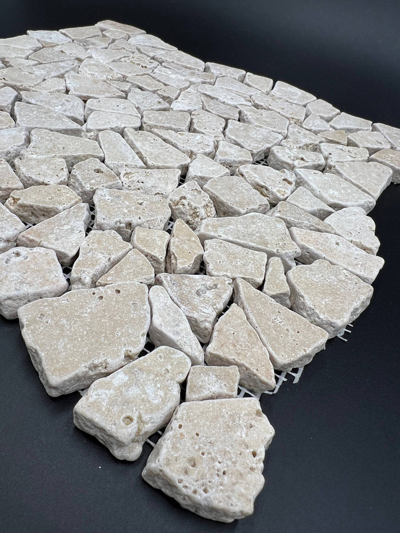 Ivory Travertine Flat Pebble Broken Random Mosaic Tile - tilestate