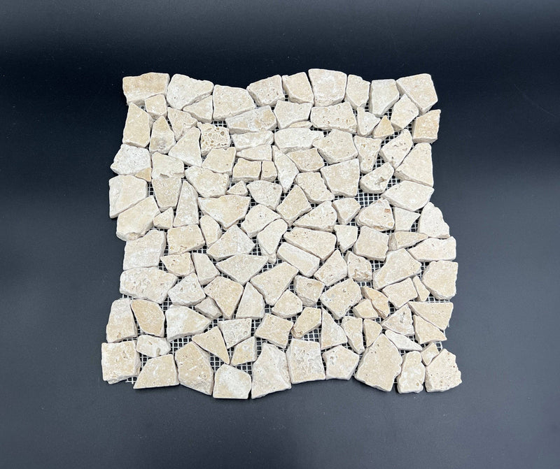 Ivory Travertine Flat Pebble Broken Random Mosaic Tile - tilestate