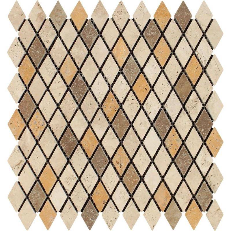 Mixed Travertine 1x2 Diamond Tumbled Mosaic Tile - tilestate