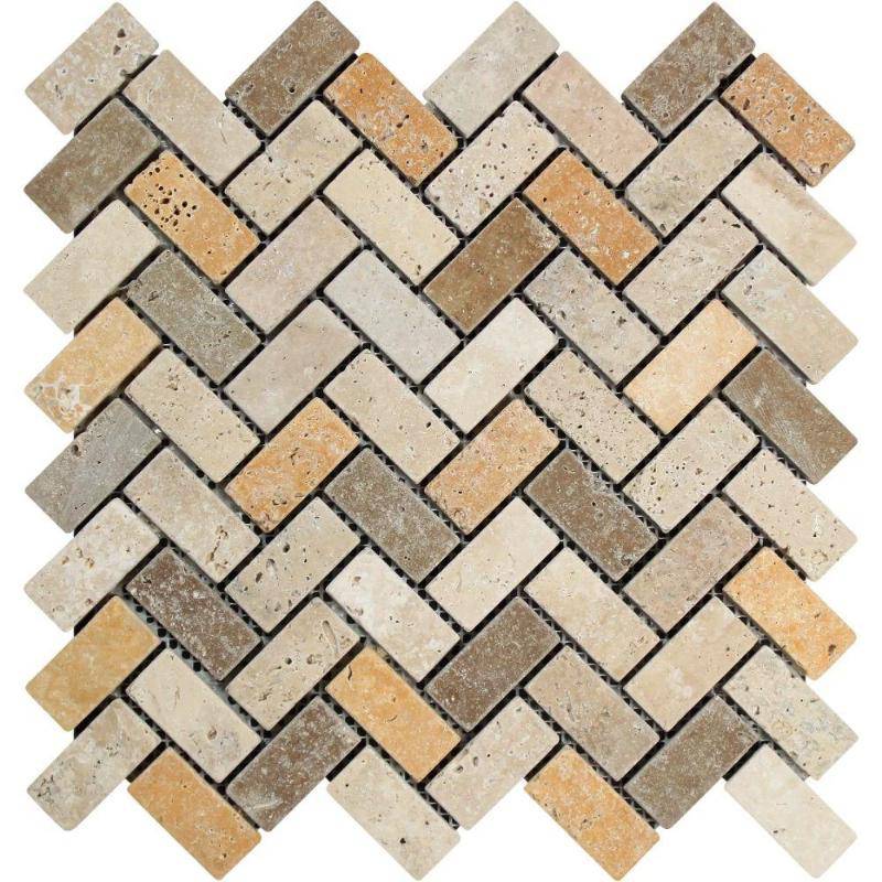 Mixed Travertine 1x2 Herringbone Tumbled Mosaic Tile - tilestate