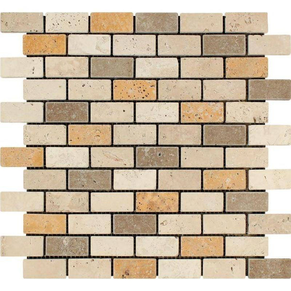 Mixed Travertine 1x2 Tumbled Mosaic Tile - tilestate