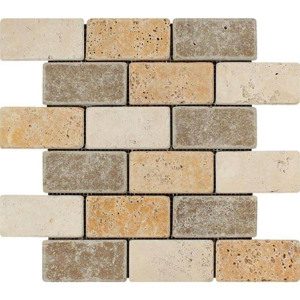 Mixed Travertine 2x4 Tumbled Mosaic Tile - tilestate