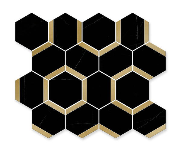 Nero Marquina Hexagon With Brass Mosaic Tile - tilestate