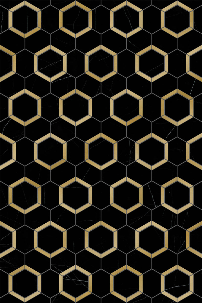 Nero Marquina Hexagon With Brass Mosaic Tile - tilestate