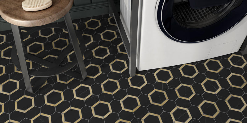 Nero Marquina Hexagon With Brass Mosaic Tile - tilestate