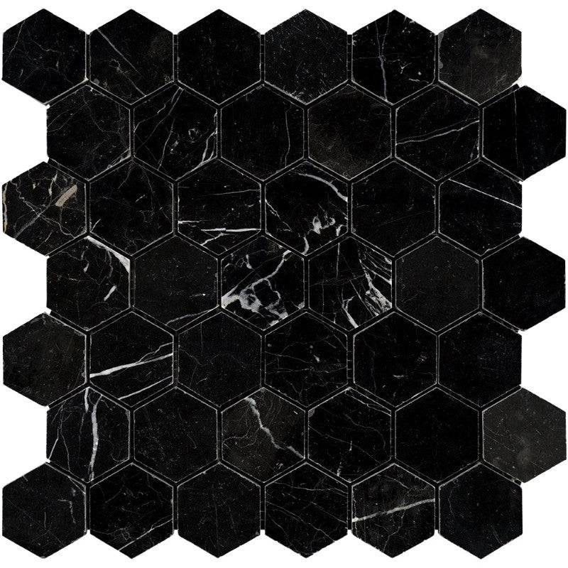 Nero Marquina Marble 2x2 Hexagon Honed Mosaic Tile - tilestate