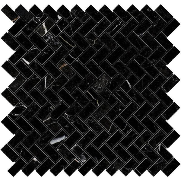 Nero Marquina Marble 5/8x1 1/4 Mini Herringbone Polished Mosaic Tile - tilestate