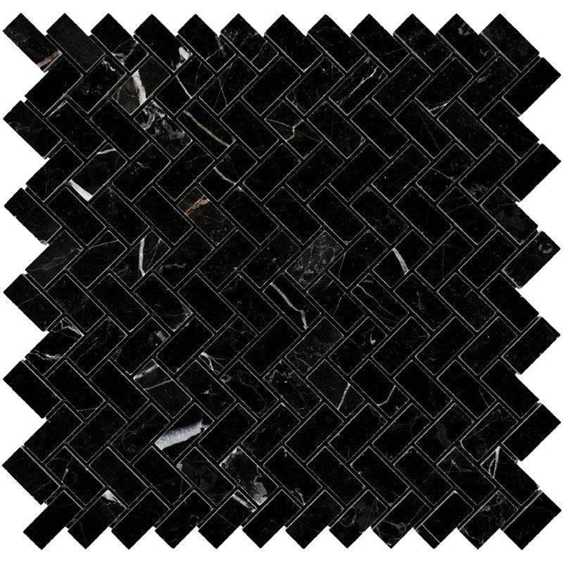 Nero Marquina Marble 5/8x1 1/4 Mini Herringbone Polished Mosaic Tile - tilestate