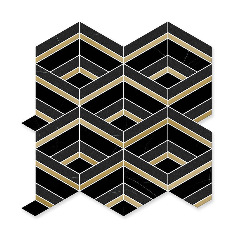 Nero Marquina Wave With Brass Black Mosaic Tile - tilestate