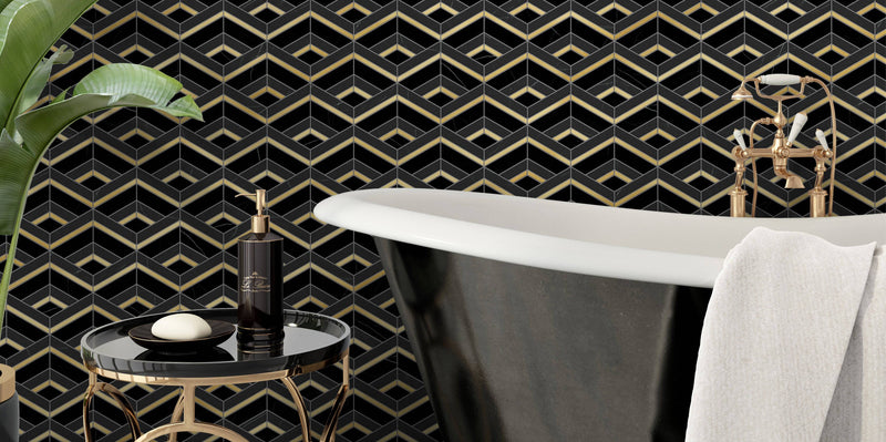 Nero Marquina Wave With Brass Black Mosaic Tile - tilestate