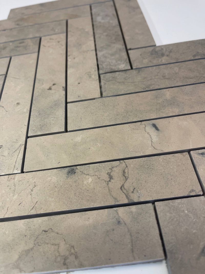 Nova Gray Honed 1x6 Herringbone Limestone Mosaic Tile - tilestate