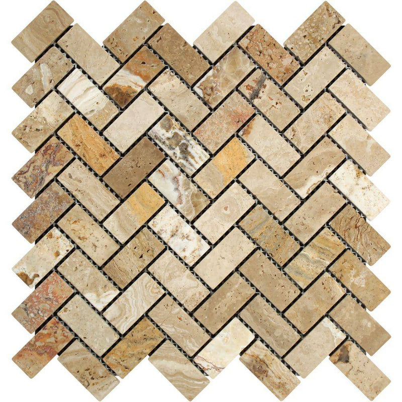 1x2 Tumbled Valencia Travertine Herringbone Mosaic Tile - tilestate