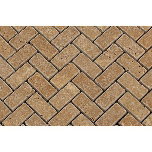 Noce Travertine 1x2 Herringbone Tumbled Mosaic Tile - tilestate