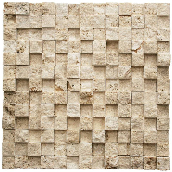 Ivory Travertine 3D 1X1 Split Face Mosaic Tile - tilestate