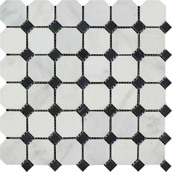 Oriental White Honed Marble Octagon Mosaic Tile w/ Black Dots - tilestate