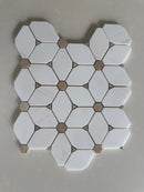 White Dolomite honed marble mosaic with decorative flower-shaped design
