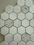 White Dolomite and terrazzo hexagon mosaic tile with contemporary geometric design