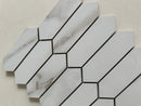 Elegant Calacatta marble picket mosaic accent wall featuring polished natural stone finish